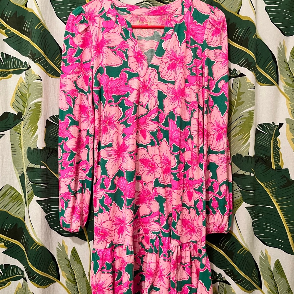 Lilly Pulitzer Alyssa Dress in Hibiscus Pink and Green Floral Long Sleeve Dress